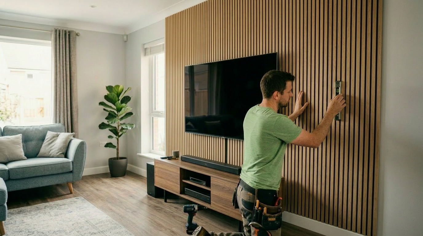 Montáž dřevěných akustických panelů v dekoru dub